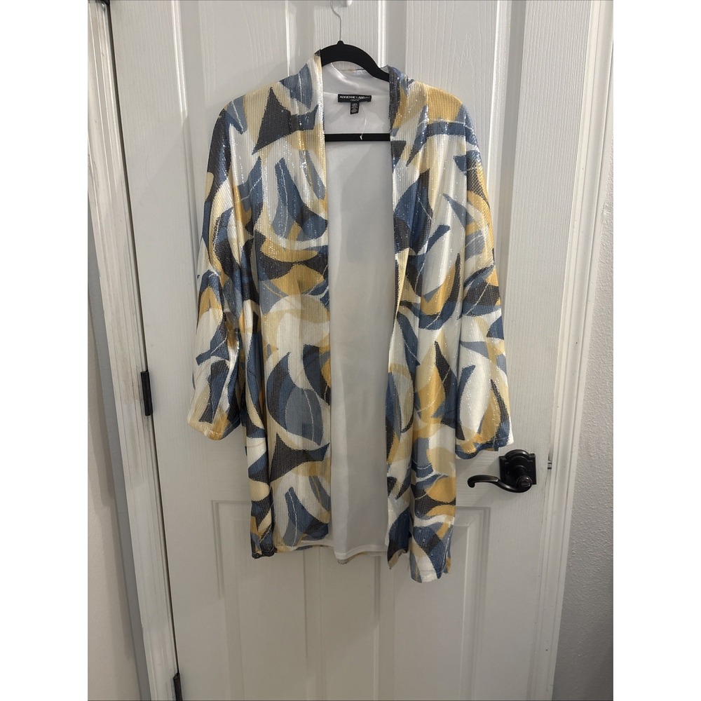 Adrienne Landau Sequin Evening jacket  blue/gold/white Abstract Large Open Front
